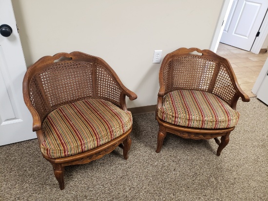 Thomasville Club Chairs, Pair, Cane Back with Original Upholstered Bottom & Cushion, ca. 1960s