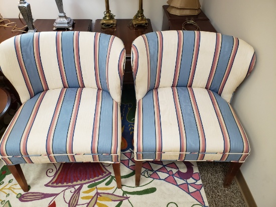 Upholstered Chairs, Pair, White/Blue/Salmon Fabric, Unknown Maker