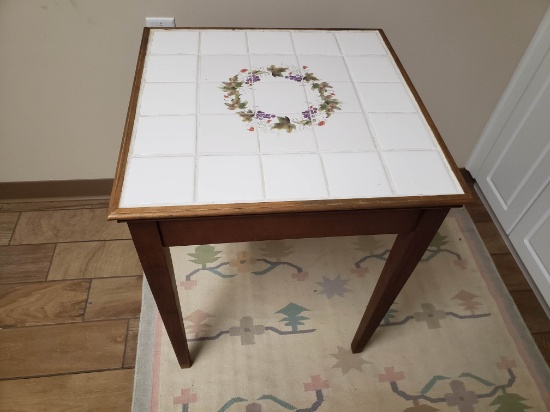 Antique Oak Shaker Style Table with Handpainted Tile Top, 29" x 24" x 24"