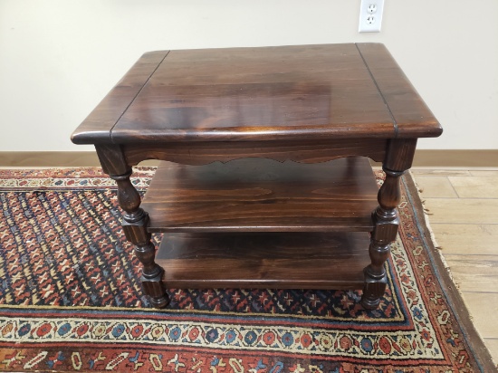 Ethan Allen Side Table with Two Shelves, Walnut, Dated 1975, 29" x 24.5" x 21.5"