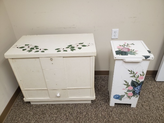 Girl's Lane Cedar Chest with Extra Knobs and Unknown Maker Laundry Hamper, White with Floral Accents