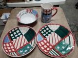 Collection of Four Christmas Themed Serving Pieces - Pitcher, 2 Large Bowls, Platter and 10 Plates