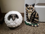Hand Enameled Cast Iron Doorstop, Brown/Tan Cat AND Porcelain Sheep Figure