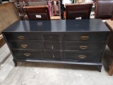 Hickory Mid Century 9 Drawer Dresser, Painted Black, Missing one Central Drawer Pull
