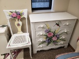 Antique Dresser and Chair, White, Handpainted Accents Signed by Augusta, GA artist Richard Worth