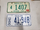 Two Vintage Dealer Plates, 1974 Ohio and 1980 Virginia, unrestored