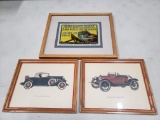 Set of 3 Early Automotive Framed Items - Indianapolis Commemorative Stamp, Two Early Chevrolets