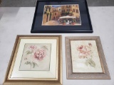 Lot of 3 Decorator Prints, 'Plum' and 'Rose' Flowers, Italian Street Bistro Scene in Black Frame