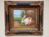 Signed Giclee of Rabbit, Ornate Black & Gilt Frame, 17