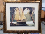 Large Framed/Matted Print of Sailboat, possibly hand-signed 