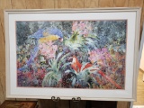 VERY Large Framed/Matted Watercolor Print of Parrots in Floral Setting, 63
