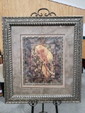 Large Decoratively Framed & Matted Print of Parrot on Branch, 37.5