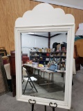 Beveled Mirror in White Frame with Decorative Topper, marked 