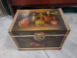 Small Decorative Chest with Riveted Banding, Appears Hand-Painted, Black Lacquer Inside