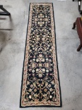 Plush Wool Floral Runner Rug, deep blue/green with tan/red/white accents, good quality, 7'4