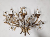 Three Light Wall Sconce/Candelabra, Brass/Copper Color with Crystal Flowers, Hardwired