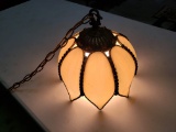 Brass/Milk Glass Hanging Light Fixture, Long Chain and Corded Switch, Plug-In, Working
