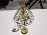 Vintage Nu-Tone 6 Lamp Leaded Glass/Brass Hanging Hall Lamp or Chandelier, Hardwired