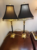 Brass Table Lamps, Pair, with black shades and columns, Contemporary, working