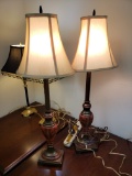 Vase Style Table Lamps, Pair, Red/Rubbed Bronze Floral Patterns, Contemporary, working
