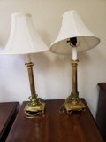 Brass Table Lamps, Contemporary Column style, two sets of shades and harps, one needs repair