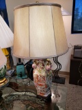 Antique Oriental Vase Lamp Conversion, Ornate Pattern with Geishas, Wood Base, with shade, working