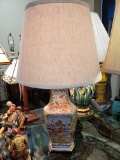 Antique Oriental Vase Lamp Conversion, Ornate Pattern with Hunt Scene, Wood Base, Working