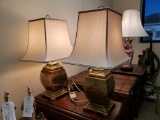 Brass Asian Influence Table Lamps, Pair, Floral Pattern, with shades, working