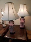Antique Oriental Vase Lamp Conversions, Fruit/Floral, Matched Pair, Wood Bases, with Shades, Working