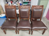 Five High-Back Tobacco Leaf Wood & Leather Dining Room or Conference Chairs, Minor Finish Issues