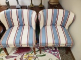 Upholstered Chairs, Pair, White/Blue/Salmon Fabric, Unknown Maker