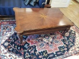 Coffee Table, Scrollwork Legs, Cherry Finish with Inlaid Compass on Top, Some Scratches, Unk. Maker