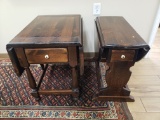 Pair of Ethan Allen Drop Leaf Walnut/Oak Side Tables, Single Drawer, Light Finish Loss