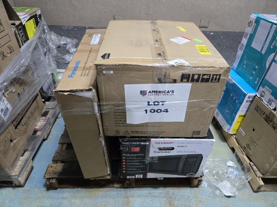 Pallet of Unprocessed Return Items - 3 Sharp Carousel Microwaves, 1 Panasonic Over the Range Trim
