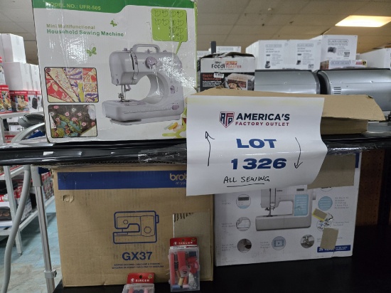 Lot of 3 Sewing Machines (2 Brother) and 1 Tufting Gun, plus Singer Sewing Kits