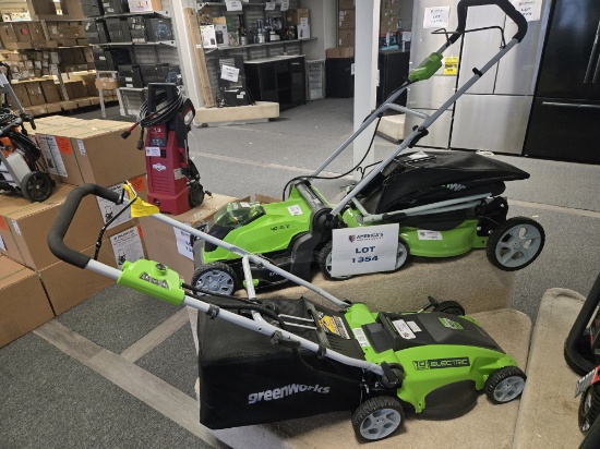 Lot of Three Electric Greenworks Lawnmowers, 1 40A Lithium (no battery), 2 corded