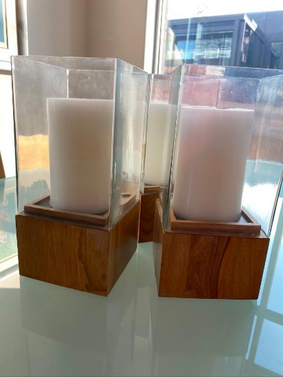 3 Crate And Barrel Wood And Glass Candle Holders