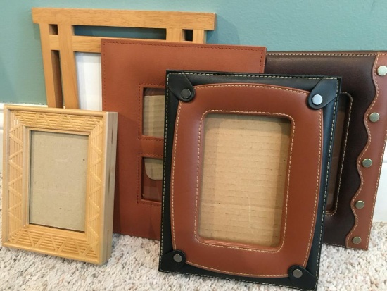5 pc Wood and Leather Picture Frames Assorted Sizes