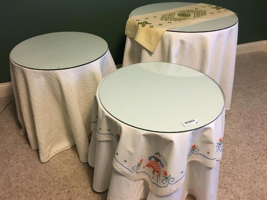 3 Glass Top Pressed Board Round Display Tables w/Table Clothes
