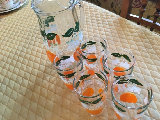 Deco 6 pc Orange Pattern Glasses & Pitcher