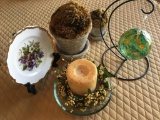 5 pc Decor Items ( 2 Faux Moss Planters, Glass Ball Sun Catcher, Candle w/Wreath, Floral Plate