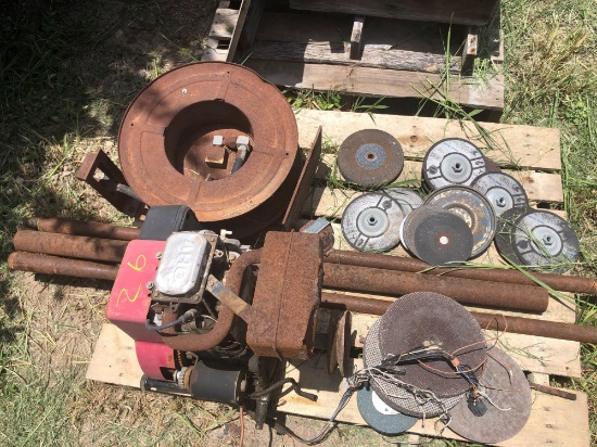 2 Pallets-Solid Bars,Gas Engine,Hose Reel,Grinding,Sanding Discs. Elec. Junction Boxes & PVC Parts