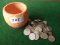 Foreign Coins & Small Vase