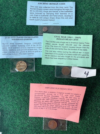 Roman Coin, Statehood Quarter, Civil War Indian Head Cent, & 1909 Lincoln Head Cent