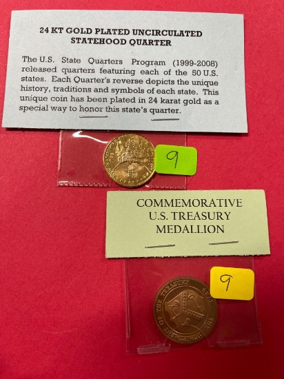 24K Gold Platted Uncirculated Statehood Quarter & Commemorative U.S Treasury Medallion