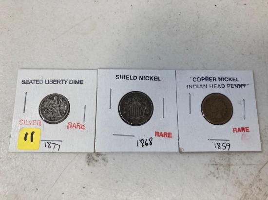 Seated Liberty Dime, Shield Nickel, Copper Nickel Indian Head Cent