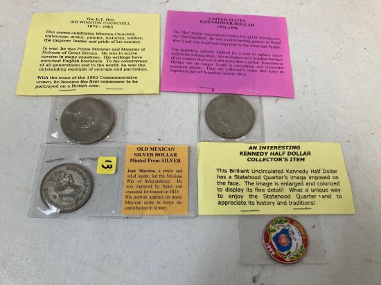Mexican Silver Dollar,Kennedy Half Dollar Collector Coin, Winston Churchill Coin & EisenHower Dollar