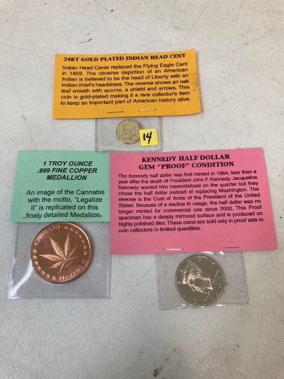 Gold plated Indian head cent, 1 Troy ounce Copper Medallion & Kennedy Half Dollar Proof Conditions