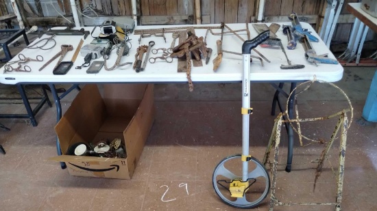 Vintage Sight Level, Rolatape Measuring Wheel, Carboy Water Jug Cradle, Hand Saws, Pipe Vise, Caulk