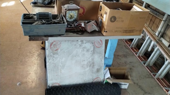 Hoist, Books, Glove, Oil Cans, Table, Mat, Clock